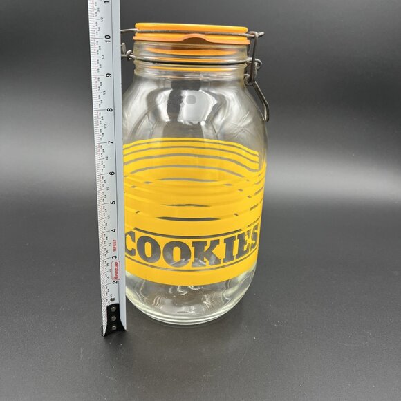 Large Vintage Retro 3L Glass Cookie Jar Yellow Striped France 1970s VG to EUC - Picture 2 of 16